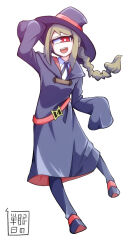 Rule 34 | 1girl, :d, brown hair, cyclops, hat, little witch academia, long hair, luna nova school uniform, one-eyed, open mouth, red eyes, school uniform, simple background, sleeves past fingers, sleeves past wrists, smile, solo, witch hat, yakochu