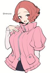 1girl :d brown_eyes brown_hair do_m_kaeru female_focus jacket long_sleeves looking_at_viewer matching_hair/eyes okumura_haru open_mouth parted_bangs persona persona_5 pink_jacket short_hair smile solo sweater sweater_jacket turtleneck turtleneck_sweater twitter_username white_background