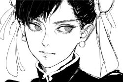 1girl black_hair bow capcom china_dress chinese_clothes chun-li double_bun dress earrings grey_eyes greyscale hair_bow hair_bun inoitoh jewelry looking_to_the_side monochrome short_hair solo street_fighter v-shaped_eyebrows white_background