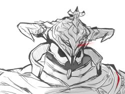 1boy armor blitzclawx cape close-up facing_viewer fake_horns glaring granblue_fantasy greyscale hatching_(texture) helmet horned_helmet horns linear_hatching looking_at_viewer male_focus monochrome red_eyes vaseraga white_background