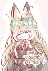 1n4b4_u3 2girls animal_ears arknights artist_name black_coat black_jacket blue_hairband blush chibi chibi_inset closed_eyes closed_mouth coat commentary_request earpiece fox_ears fox_girl hairband head_wreath jacket long_hair mother_and_daughter multiple_girls necktie red_necktie solo_focus suzuran_(arknights) vulpisfoglia_(arknights) watermark