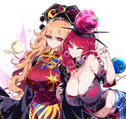 2girls bare_shoulders beads belt black_belt black_choker black_dress black_hat black_shirt blue_skirt breasts chain chinese_clothes choker cleavage closed_mouth clothes_writing collarbone cowboy_shot crescent crescent_hat_ornament dalachi_(headdress) dress earrings earth_(ornament) energy eyelashes fingernails floral_print gem gold_chain hair_between_eyes hand_up hat hat_ornament heart heart_print hecatia_lapislazuli highres huge_breasts jewelry junko_(touhou) large_breasts long_fingernails long_hair long_sleeves looking_at_viewer mandarin_collar medium_hair midriff moon_(ornament) multicolored_skirt multiple_girls navel neck_ribbon off-shoulder_shirt off_shoulder one_eye_closed orange_hair phoenix_print pink_eyes plaid_clothes plaid_skirt pointy_ears purple_belt raptor7 red_eyes red_gemstone red_hair red_skirt red_tabard ribbon shirt short_sleeves skirt smile standing t-shirt tabard tassel touhou underworld_(ornament) w wavy_hair wide_sleeves yellow_ribbon