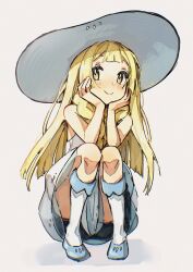 1girl alien_ashi blonde_hair closed_mouth commentary dress english_commentary full_body green_eyes hands_on_own_face hat highres lillie_(pokemon) long_hair looking_at_viewer nintendo pokemon pokemon_sm sleeveless sleeveless_dress smile solo squatting white_background white_dress white_hat