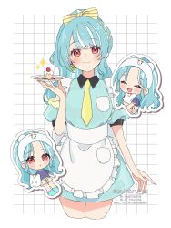1girl apron blue_hair blue_shirt blush bow cake chibi chibi_inset closed_eyes closed_mouth cropped_legs food fruit hair_bow highres holding holding_plate long_hair looking_at_viewer multicolored_hair necktie open_mouth orange_eyes plate shiranami_ramune shirt short_sleeves solo sparkle strawberry streaked_hair stuffed_animal stuffed_toy twitter_username two-tone_hair unimaru_go virtual_youtuber vspo! waist_apron watermark white_background white_hair yellow_necktie