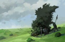 Rule 34 | 2boys, blue sky, bush, day, grass, grasslands, hill, holding, holding polearm, holding weapon, knight, multiple boys, original, plant, planted, planted sword, planted weapon, polearm, sky, slow d, sword, tree, weapon