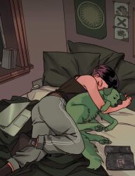 beast_boy_(dc) bed book charger couple dc_comics dog dog_boy gabriel_picolo gabriel_picolo_(artist) green_fur hug notebook pillow purple_hair raven_(dc) sleeping teen_titans