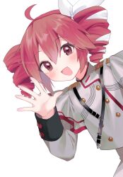 1girl ahoge belt black_belt blush bow buttons double-breasted drill_hair flat_chest grey_skirt hair_between_eyes hair_bow hair_ribbon hand_up jacket kasane_teto kasane_teto_(sv) layered_sleeves leaning_to_the_side long_hair long_sleeves mani_(manidrawings) musical_staff musical_staff_print open_mouth red_eyes red_hair red_trim ribbon shoulder_belt shoulder_boards skirt solo striped_clothes striped_jacket synthesizer_v transparent_background twin_drills utau white_bow white_ribbon