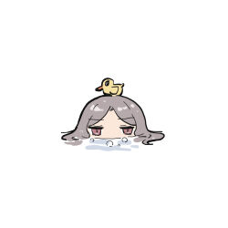 1girl bubble ebizuka_tomo girls_band_cry grey_hair highres mouth_submerged mouth_under_water nes_q partially_submerged red_eyes rubber_duck short_hair simple_background solo white_background