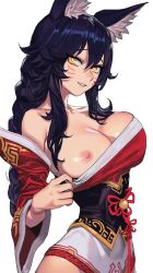 1girl absurdres ahri_(league_of_legends) animal_ear_fluff animal_ears bare_shoulders bell black_hair braid breasts cleavage clothes_pull detached_sleeves ezreal_(artist) facial_mark fox_ears grin hair_between_eyes highres large_breasts league_of_legends long_hair looking_at_viewer nipples sharp_teeth shiny_skin sidelocks simple_background single_braid smile solo teeth whisker_markings white_background yellow_eyes