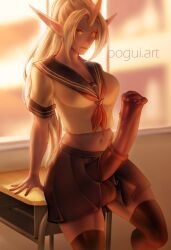 1girl 2022 animal_penis belly black_thighhighs breasts cleavage colored_skin desk erection futanari girthy_penis highres huge_penis japanese_clothes large_penis league_of_legends leaning midriff navel oogui_art penis pointy_ears purple_skin riot_games school school_uniform serafuku sheath skirt solo soraka_(league_of_legends) table testicles thighhighs veins veiny_penis wide_hips yellow_eyes