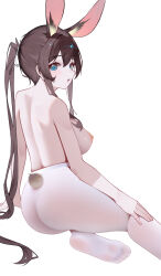 1girl absurdres amiya_(arknights) animal_ears arknights arm_support ass blue_eyes breasts brown_hair chinese_commentary commentary_request feet foot_out_of_frame from_behind hair_ribbon hand_on_own_leg highres large_breasts light_blush long_hair long_sideburns median_furrow nipples pantyhose parted_lips ponytail rabbit_ears rabbit_tail reclining ribbon shenmi_de_xigua sideburns simple_background soles solo tail toe_seam toes topless_female turning_head very_long_hair white_background white_pantyhose white_ribbon
