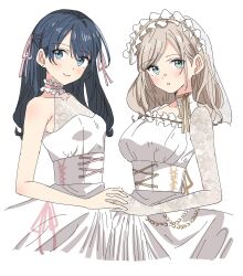 2girls alternate_costume armpits bare_shoulders bien_(djpwjd1) blue_eyes blue_hair blush breasts bridal_veil ceras_yanagida_lilienfeld collarbone dress frilled_dress frilled_veil frills gloved_sleeves grey_hair hair_ribbon half_updo highres interlocked_fingers large_breasts link!_like!_love_live! long_hair love_live! multiple_girls murano_sayaka parted_lips pink_ribbon ribbon sleeveless sleeveless_dress small_breasts smile veil virtual_youtuber wedding_dress white_dress