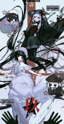 2girls absurdly_long_hair albino_(a1b1n0623) bare_shoulders black_camisole black_eyes black_hair black_jacket black_pantyhose blunt_bangs bonnet breasts camisole capelet character_doll dress fate/grand_order fate_(series) flower ghost_hands grey_hair grey_shorts hat highres jacket jewelry komahime_(exhibition_attire)_(fate) komahime_(fate) long_hair long_sleeves looking_at_viewer mouth_hold multiple_girls necklace off_shoulder official_art pantyhose rice_hat sen_no_rikyu_(exhibition_attire)_(fate) sen_no_rikyu_(fate) short_hair shorts small_breasts smile twintails very_long_hair white_capelet white_dress white_hat