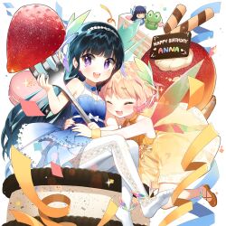 2girls anna_(uchi_no_hime-sama_ga_ichiban_kawaii) birthday_cake black_hair blue_dress blunt_bangs cake dress food fork fruit holding holding_fork kanna_(uchihime) long_hair multiple_girls open_mouth pink_hair purple_eyes salt_(salty) short_hair strawberry uchi_no_hime-sama_ga_ichiban_kawaii very_long_hair wings yellow_dress