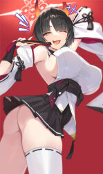 1girl absurdres arm_up ass asymmetrical_horns bare_shoulders black_bridal_gauntlets black_hair black_skirt black_sleeves blue_archive blush breasts bridal_gauntlets commentary_request detached_sleeves folding_fan hakama hakama_short_skirt hakama_skirt halo hand_fan hand_up highres holding holding_fan horns japanese_clothes kakumayu kimono large_breasts long_hair looking_at_viewer mole mole_under_eye niya_(blue_archive) one_eye_closed open_mouth orange_horns red_background red_horns sideless_kimono simple_background single_thighhigh skindentation skirt sleeveless sleeveless_kimono smile solo thighhighs thighs twisted_torso uneven_horns unusually_open_eyes white_halo white_kimono white_thighhighs