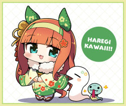 1girl :3 :d animal_ears black_sandals blunt_bangs blush border chibi chibi_only chinese_zodiac commentary_request ear_covers floral_print floral_print_kimono full_body fur_collar green_eyes green_kimono grid_background hairband highres horse_ears horse_girl horse_tail japanese_clothes kimono long_hair long_sleeves looking_at_viewer okobo open_mouth orange_hair platform_sandals plover print_kimono romaji_text sandals silence_suzuka_(umamusume) smile snake solo standing tabi tail umamusume white_background wide_sleeves year_of_the_snake yellow_border yellow_hairband