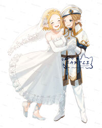 Rule 34 | 1boy, 1girl, ^ ^, beret, blonde hair, boots, closed eyes, collarbone, dress, ear piercing, elbow gloves, flower, full body, gloves, hair flower, hair ornament, hand on another&#039;s waist, hanyaka, hat, highres, holding hands, knee boots, link, military uniform, nintendo, one eye closed, open mouth, piercing, pointy ears, princess zelda, royal guard set (zelda), shoes, simple background, smile, strapless, strapless dress, teeth, the legend of zelda, the legend of zelda: breath of the wild, the legend of zelda: tears of the kingdom, veil, wedding dress, white background, white boots, white gloves, white hat, white shoes