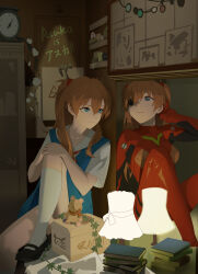 1girl absurdres bayun blue_eyes breasts collarbone dress eyepatch highres indoors looking_at_mirror mecha_pilot_suit mirror multiple_views neckerchief neon_genesis_evangelion orange_hair plugsuit_(evangelion) red_neckerchief short_hair sitting skin_tight small_breasts smile socks souryuu_asuka_langley twintails white_socks