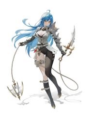 1girl absurdres ahoge asymmetrical_clothes belt belt_buckle black_boots black_gloves black_pants blue_hair boots breasts buckle chukibabo2 cleavage cleavage_cutout closed_mouth clothing_cutout commentary_request fingerless_gloves flail full_body gauntlets gloves highres holding holding_sword holding_weapon knee_boots korean_commentary large_breasts long_hair looking_at_viewer original pants pointy_ears pouch red_eyes single_gauntlet single_knee_boot single_pantsleg smile solo sword thigh_gap thigh_pouch thigh_strap very_long_hair weapon