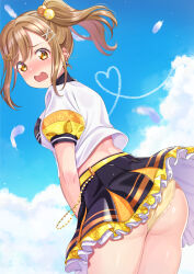 1girl alternate_costume ass black_skirt blue_sky blush braveheart_coaster breasts brown_hair cloud commentary_request commission cowboy_shot day embarrassed falling_feathers feathers frilled_skirt frills from_behind hair_ornament heart heart_of_string highres iroenpitsu_xxx kunikida_hanamaru lace lace-trimmed_panties lace_trim love_live! love_live!_sunshine!! median_furrow medium_breasts medium_hair miniskirt nose_blush open_mouth outdoors panties pantyshot peanut_mouth pleated_skirt puffy_short_sleeves puffy_sleeves shirt short_sleeves side_ponytail sidelocks skeb_commission skirt sky solo underwear upskirt white_shirt x_hair_ornament yellow_panties