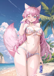 1girl :o animal_ear_fluff animal_ears antenna_hair bare_shoulders beach bikini bird black_choker blue_sky blush bow bow_bikini braid braided_bun breasts can choker cloud collarbone crown_braid crystal_shoujo day double_bun fang fingernails frilled_bikini frills front-tie_bikini_top front-tie_top glint gluteal_fold groin hair_bun hakui_koyori heart heart_choker hexagon_hair_ornament highleg highleg_bikini highres holding holding_can hololive horizon kokoro_(hakui_koyori) large_breasts linea_alba long_hair looking_at_viewer multi-strapped_bikini nail_polish navel ocean one_eye_closed open_mouth outdoors palm_tree pink_bikini pink_hair pink_nails pink_tail purple_eyes rock rubbing_eyes sand sand_art seagull sky solo standing stomach swimsuit tail thighs tree virtual_youtuber white_bow wolf_ears wolf_girl wolf_tail wristband