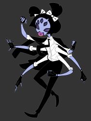 1girl acenth arthropod_girl black_footwear black_hair black_necktie black_pants black_sclera black_suit bow clenched_hand colored_sclera colored_skin commentary donut eating english_commentary extra_arms extra_eyes food formal_clothes full_body grey_background hair_bow insect_girl jacket jacket_on_shoulders monster_girl mouth_hold muffet necktie pants purple_skin shirt short_twintails simple_background solo spider_girl suit twintails undertale white_bow white_shirt