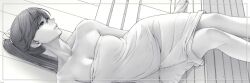 1girl bench breasts cleavage commentary_request feet_out_of_frame greyscale houshou_(kancolle) houshou_(sauna)_(kancolle) kantai_collection long_hair looking_to_the_side medium_breasts monochrome naked_towel ponytail sauna sideways sitting solo towel yuichi_(sp_sakura_yoshi)