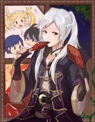 1girl ahoge black_gloves black_robe braid chrom_(fire_emblem) commentary_request eating female_robin_(fire_emblem) fire_emblem fire_emblem_awakening food gimkamres04 gloves highres holding holding_food lissa_(fire_emblem) long_hair looking_at_viewer meat male_morgan_(fire_emblem) nintendo open_clothes open_robe parted_bangs robe shirt twintails white_hair white_shirt