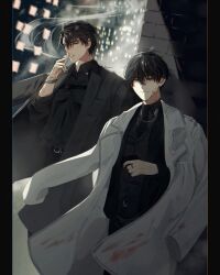 Rule 34 | 2boys, alley, alternate costume, alternate universe, black coat, black eyes, black hair, black necktie, black shirt, black vest, blood, blood on clothes, blood on face, bracelet, brick wall, cigarette, city lights, coat, coat on shoulders, collared shirt, commentary, english commentary, hand on own stomach, highres, holding, holding cigarette, jewelry, kim dokja, leaning back, looking at viewer, male focus, multiple boys, narrowed eyes, necktie, omniscient reader&#039;s viewpoint, popped collar, ring, rorynans, shirt, short hair, smoking, standing, vest, white coat, yoo joonghyuk