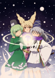 3girls blush brown_eyes brown_hair cold dress earmuffs female_focus flx ghost ghost_tail green_dress green_eyes green_hair grey_hair hat headphones highres japanese_clothes mononobe_no_futo multiple_girls multiple_tails one_eye_closed open_mouth ponytail ribbon sheath short_hair skirt smile soga_no_tojiko tail tate_eboshi touhou toyosatomimi_no_miko trembling wink