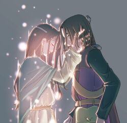 1boy 1girl aqua_eyes black_shirt brown_hair cape circlet closed_eyes commentary_request dragon_quest dragon_quest_xi dress earrings eleanor_(dq11) forehead-to-forehead ghost glowing green_cape grey_background hand_on_another&#039;s_cheek hand_on_another&#039;s_face heads_together hero_(dq11) jewelry long_hair medium_hair mother_and_son open_mouth parent_and_child parted_hair profile purple_tunic shirt silver_circlet suika_(user_szay2543) sword tears tunic upper_body weapon weapon_on_back yellow_dress