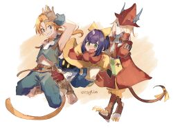 2boys 2girls absurdres ascot black_mage_(final_fantasy) blonde_hair blue_coat blue_eyes blush boots bow burmecian claws coat colored_skin crossed_arms eiko_carol final_fantasy final_fantasy_ix freija_crescent full_body gloves green_eyes green_pants green_vest grey_gloves grin hair_bow hair_over_one_eye hanaon hat helmet highres horns long_sleeves looking_at_viewer low_ponytail mini_wings monkey_tail mouse_girl mouse_tail multiple_boys multiple_girls open_mouth overalls pants parted_bangs ponytail purple_hair red_coat red_gloves red_headwear ribbon short_hair short_hair_with_long_locks single_horn smile tail tail_ornament tail_ribbon teeth twitter_username vest vivi_ornitier waving white_ascot white_hair white_skin winged_helmet wings wizard_hat wrist_cuffs yellow_bow yellow_eyes yellow_overalls zidane_tribal