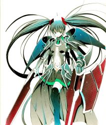 1girl alternate_costume aqua_eyes aqua_hair armor bad_id bad_pixiv_id female_focus hatsune_miku headset highres long_hair moonsorrow navel skirt solo sword thighhighs twintails very_long_hair vocaloid weapon zettai_ryouiki