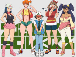 1boy 4girls adapted_costume age_difference aged_up ash_ketchum asymmetrical_hair bandana bare_legs baseball_cap beanie bike_shorts black_hair blue_eyes blue_hair blush boots breasts brown_hair cleavage cowboy_shot curvy dawn_(pokemon) denim denim_shorts glamour_works gloves green_eyes green_hair gym_leader hair_ornament hat height_difference hetero highres iris_(pokemon) large_breasts legs legs_together lento lento_(glamour_works) long_hair looking_at_viewer may_(pokemon) miniskirt misty_(pokemon) multiple_girls navel nintendo nipples onee-shota open_mouth orange_hair pants pink_footwear pokemon pokemon_(anime) pokemon_(classic_anime) pokemon_bw_(anime) pokemon_dppt_(anime) pokemon_rse_(anime) ponytail red_hair red_scarf scarf shirt shoes short_hair short_shorts shorts side_ponytail simple_background size_difference skirt sleeveless smile sneakers socks standing suspenders tank_top thick_thighs thighs underboob underwear unzipped wide_hips yellow_shirt yellow_tank_top