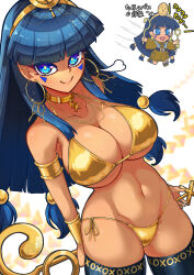 1girl alternate_costume alternate_skin_color bikini black_thighhighs blue_eyes blue_hair breasts chibi chibi_inset cleavage cowboy_shot dark_skin dutch_angle earrings facial_mark fub_(fubimanji) gold gold_bikini gold_choker gold_earrings gold_hairband gold_necklace hair_bobbles hair_ornament hairband hata_no_kokoro highres holding holding_scepter hoop_earrings jewelry komeiji_koishi large_breasts long_hair looking_at_viewer michigami_nareko navel necklace reflection scepter side-tie_bikini_bottom simple_background smile solo swimsuit tan thighhighs touhou triangle triangle_facial_mark white_background