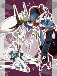 alternate_color blue_hair blue_skin bob_cut clothed_pokemon colored_skin gardevoir gen_3_pokemon gen_7_pokemon hat highres inb795 multicolored_skin nintendo ofuda ofuda_on_head pheromosa pokemon pokemon_(creature) purple_eyes qingdai_guanmao red_eyes shiny_pokemon sitting two-tone_skin ultra_beast white_skin yin_yang yin_yang_print