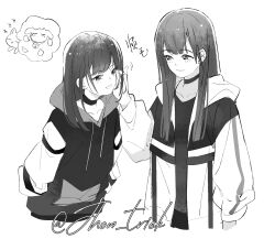 Rule 34 | 2girls, aoki hina, bang dream!, bang dream! it&#039;s mygo!!!!!, chinese commentary, closed mouth, commentary request, greyscale, hand in another&#039;s hair, highres, hood, hood down, hoodie, jacket, jhon trick, long hair, monochrome, multiple girls, name connection, open mouth, real life, twitter username, voice actor, youmiya hina, yuri