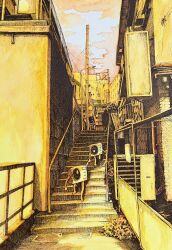 1boy absurdres air_conditioner apartment chain-link_fence colored_pencil_(medium) condenser_unit creature fence highres holding_hands house ibsukionsen original path plant power_lines railing road scenery stairs street traditional_media traditional_youkai tsukumogami utility_pole yellow_theme