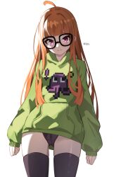 1girl absurdres ahoge black-framed_eyewear black_panties black_thighhighs blunt_bangs breasts cowboy_shot glasses green_hoodie highres hood hoodie looking_at_viewer orange_hair panties persona persona_5 print_hoodie purple_eyes sakura_futaba simple_background small_breasts solo thighhighs underwear white_background x_xith_x