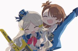 01sh110sush1 2girls :d asymmetrical_bangs blue_jacket blue_sailor_collar blush breasts closed_eyes forehead fur_collar futami_ami grey_hair hand_up handa_roco hat highres holding holding_instrument idolmaster idolmaster_(classic) idolmaster_million_live! idolmaster_million_live!_theater_days instrument jacket keytar long_hair long_sleeves mini_hat multiple_girls official_alternate_costume open_mouth parted_bangs puffy_short_sleeves puffy_sleeves sailor_collar short_sleeves side_ponytail simple_background single_sidelock small_breasts smile sweat swept_bangs twintails upper_body white_background wristband