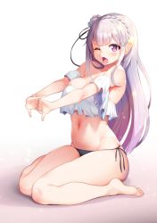 1girl bare_shoulders barefoot black_panties blunt_bangs braid breasts cleavage crown_braid emilia_(re:zero) flower full_body hair_flower hair_ornament hair_ribbon highres kokuu_rikishi large_breasts legs long_hair looking_at_viewer navel one_eye_closed open_mouth panties pointy_ears purple_eyes re:zero_kara_hajimeru_isekai_seikatsu ribbon side-tie_panties silver_hair simple_background sitting solo stomach thighs underwear wariza white_background