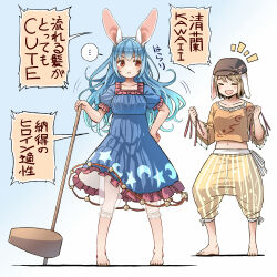 ... 2girls animal_ears barefoot blonde_hair bloomers blue_dress blue_hair blush brown_headwear cabbie_hat closed_mouth collarbone dress floppy_ears frilled_dress frilled_sleeves frills full_body hat kine long_hair mallet motion_lines multiple_girls navel open_mouth orange_shirt rabbit_ears red_eyes ringo_(touhou) seiran_(touhou) shirt short_hair short_sleeves shorts speech_bubble spoken_ellipsis striped_clothes striped_shorts touhou translated underwear vertical-striped_clothes vertical-striped_shorts white_bloomers yellow_shorts yudepii