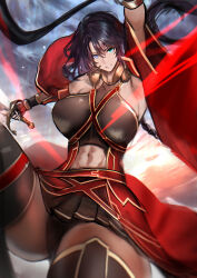 1girl abs absurdres bare_shoulders belt black_gloves black_hair black_skirt black_thighhighs blue_eyes blush bracelet braid braided_ponytail breasts collar detached_sleeves dress elbow_gloves fate/grand_order fate_(series) fingerless_gloves gloves hephaestion_(fate) highres jewelry jikihatiman large_breasts long_hair looking_at_viewer lord_el-melloi_ii_case_files metal_collar navel red_dress skirt solo sword thighhighs thighs weapon wide_sleeves