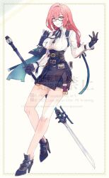 1girl armor black_gloves black_shoes black_skirt collared_shirt full_body glasses gloves hair_between_eyes high-waist_skirt high_heels highres holding holding_polearm holding_weapon long_hair looking_at_viewer naginata pencil_skirt pink_eyes pink_hair polearm ring_hair_ornament shirt shirt_tucked_in shoes shoulder_armor skirt smile tsukishiro_yanagi weapon white_shirt yamo_(sky2world) zenless_zone_zero