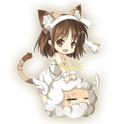 1girl =_= anelace_elfead animal_ears brown_eyes brown_hair cat_ears cat_tail chibi creature dress eiyuu_densetsu falcom female_focus full_body hairband halo kemonomimi_mode saru shoes short_hair smile solo sora_no_kiseki tail white_background wrist_cuffs