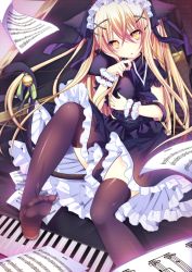 1girl animal_ears bad_id bad_pixiv_id beamed_quavers bell black_thighhighs blonde_hair cat_ears cat_tail crotchet_rest female_focus hair_ornament hair_ribbon hairband hairclip lolita_hairband looking_at_viewer musical_note musical_note_print original parted_lips piano_keys ribbon sheet_music shiromochi_sakura sitting solo tail thighhighs wrist_cuffs yellow_eyes
