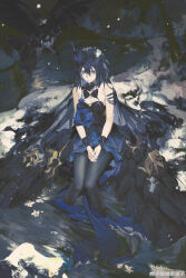 1girl absurdres bird black_bow black_bowtie black_dress black_sleeve_cuffs black_wings blue_dress blue_flower blue_rose bow bowtie breasts closed_mouth criss-cross_halter crow detached_collar dress dress_flower expressionless feathered_wings flower flower_on_liquid from_above gradient_clothes gradient_dress hair_spread_out halterneck hat highres honkai_(series) honkai_impact_3rd long_hair low_wings mini_hat off-shoulder_dress off_shoulder on_ground outdoors own_hands_together partially_submerged rose seele_vollerei seele_vollerei_(eternal_night&#039;s_embrace) seele_vollerei_(herrscher_of_rebirth) shu_kunkuokuozi sitting sleeve_cuffs sleeveless small_breasts snow snowing solo v_arms watermark weibo_watermark white_flower wing_ornament wings
