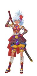 1girl absurdres artist_request blue_eyes breasts cleavage closed_mouth dark-skinned_female dark_skin flower full_body gloves hair_flower hair_ornament hand_on_own_hip highres hip_armor long_hair looking_at_viewer matsuri_(rune_factory) official_art pants ponytail red_flower red_gloves rune_factory rune_factory:_guardians_of_azuma sandals sheath sheathed small_breasts smile solo standing sword transparent_background weapon white_hair yellow_pants