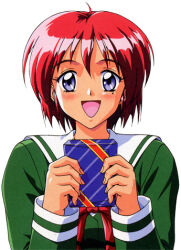1girl facing_viewer feet_out_of_frame female_focus gift hair_between_eyes hibikino_high_school_uniform hinomoto_hikari holding long_sleeves looking_at_viewer mole mole_under_eye official_art open_mouth red_hair school_uniform short_hair simple_background solo standing tokimeki_memorial tokimeki_memorial_2 upper_body white_background