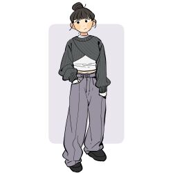 1girl :/ baggy_pants black_eyes black_hair black_shoes blunt_bangs closed_mouth cropped_sweater dot_nose full_body grey_background grey_pants grey_sweater hair_bun hand_in_pocket highres layered_sleeves long_sleeves mannerer62 midriff original outside_border pants shirt shoes solo standing sweater topknot white_background white_shirt